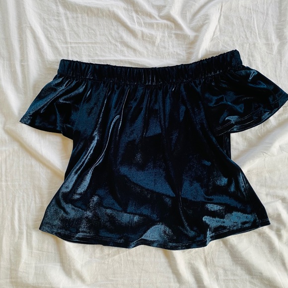 Navy Velvet Off the Shoulder Top - Picture 3 of 6